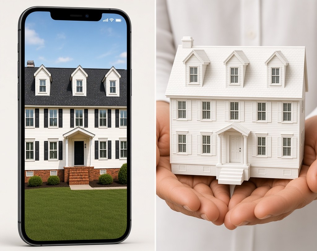 Phone photo of a colonial home next to hands holding a white mini replica made from that photo